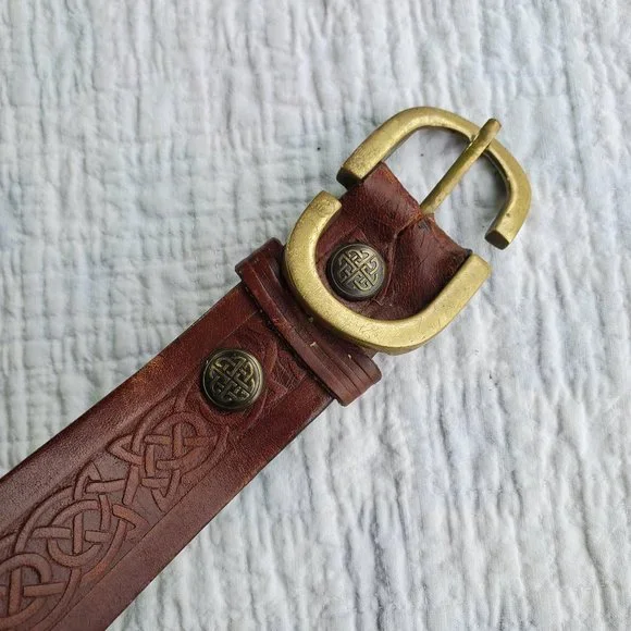 Lee River Ireland Brown Genuine Leather Celtic Knot Belt Mens Brass Buckle 36/38 - Picture 2 of 8